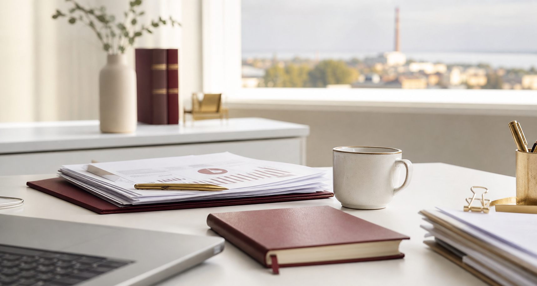 Bright office desk with accounting documents and burgundy business materials